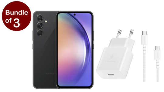 باقة جي جيت, جوال سامسونج جالكسي A54 شاشة6.4 بوصة ثنائي شرائح  ذاكرة 8 جيجابايت وسعة 128 جيجابايت، 5G، أسود+كيبل باور لاين انكر بطول 1.8 متر، أبيض+شاحن الأجهزة المحمولة من سامسونج يدعم الشحن السريع الداخلي ابيض