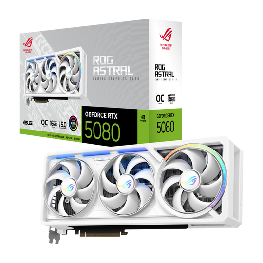 اسوس روج ستريكس جيفورس RTX 5080 Astral OC، بطاقة رسومات 16 جيجابايت GDDR7، 2790 ميجاهرتز، باللون الأبيض