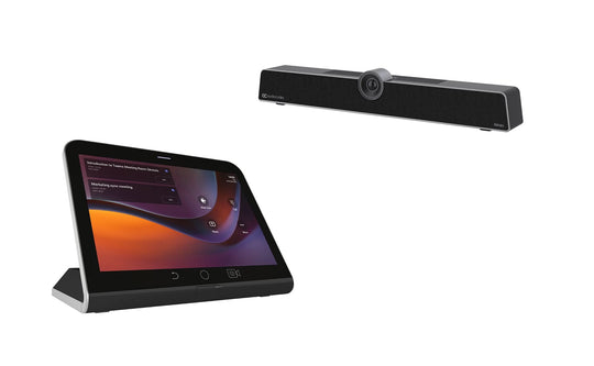 بار التعاون المرئي AudioCodes Teams RXV81 مع صوت مدمج، مجموعة مكونة من 10 مع وحدة التحكم اللمسية RX-PAD للغرفة.