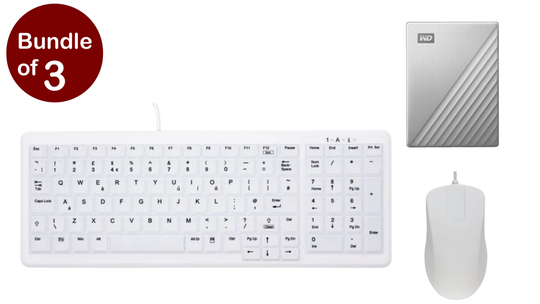 باقة GiGate تضمن لوحة مفاتيح CHERRY USB QWERTY UK English باللون الأبيض و قرص صلب خارجي من Western Digital بسعة 4 تيرابايت باللون الفضي و ماوس CHERRY Ambidextrous USB Type-A Optical بدقة 1000 DPI.