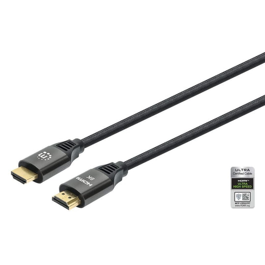 كابل HDMI مع إيثرنت من مانهاتن، 8K@60Hz (فائق السرعة)، 1 متر (مضفر)، Male to Male، باللون الأسود، 4K@120Hz، UHD 4K x 2K، محمي بالكامل، موصلات مطلية بالذهب، ضمان مدى الحياة، معبأ في كيس بولي