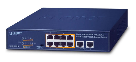 PLANET GSD-1008HP Unmanaged Gigabit PoE+ Switch - 8x PoE + 2x Uplink - 1U Blue