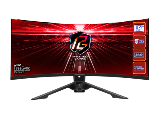 شاشة أسروك فانتوم قيمنق PG34WQ15R3A منحنية للألعاب، VA، بحجم 34 بوصة، دقة 3440 × 1440، معدل تحديث 165 هرتز، تقنية AMD FreeSync Premium، مزودة بمكبرات صوت مدمجة