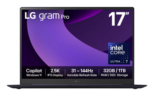 LG - Gram Pro + 17Z90TP-G + Laptop - Intel Core Ultra 7 225H - Intel Arc 140T - 32GB RAM - 1TB SSD - 17-inch 2.5K - Windows 11 Home - Obsidian Black