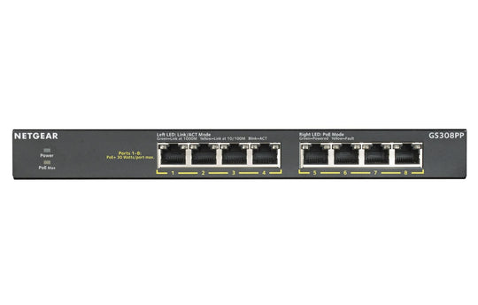 NETGEAR GS308PP Unmanaged Gigabit Ethernet (10/100/1000) Power over Ethernet (PoE) Black GS308PP-100EUS