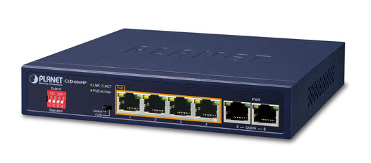 PLANET GSD-604HP Unmanaged Gigabit PoE+ Switch - 4x PoE + 2x Uplink - Desktop Blue