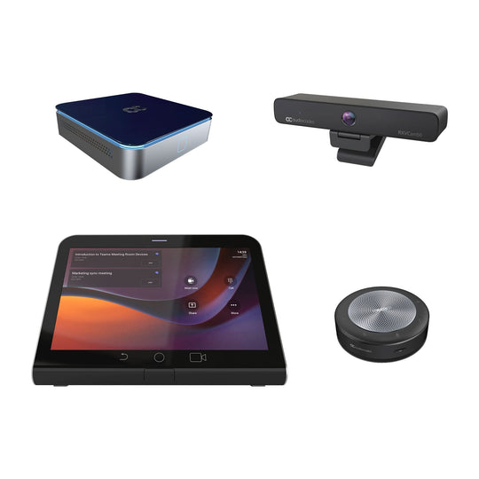 جهاز الحوسبة AudioCodes RXV200 للغرف الصغيرة إلى المتوسطة. المجموعة تتضمن أيضًا RXPanel وسماعة RX15 وكاميرا RXVCam50M.