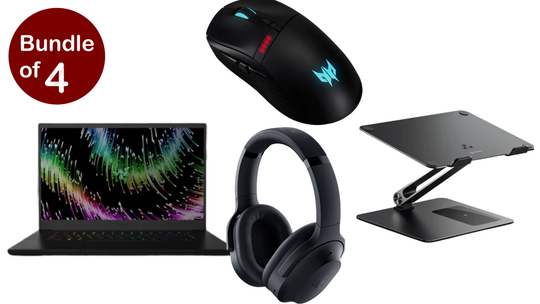 باقة جي جيت، جهاز لابتوب للألعاب ريزر بليد 16 بمعالج إنتل كور i9، ذاكرة 16 جيجابايت، شاشة 16 بوصة، باللون الأسود، مع سماعة الألعاب اللاسلكية باراكودا برو من ريزر مع ميكروفون، وماوس العاب بريداتور سيستوس، وحامل طاقة للابتوب مع شاحن لاسلكي.