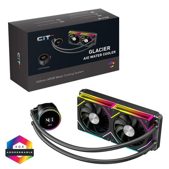 CiT Pro Glacier 240mm LCD Temperature Display AIO Liquid Cooler - Black - CIT-PRO-GLB-240-LCD