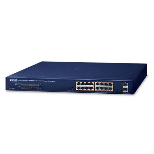 PLANET GSW-1820HP Unmanaged Gigabit PoE+ Switch - 16x PoE + 2x SFP - 1U Blue