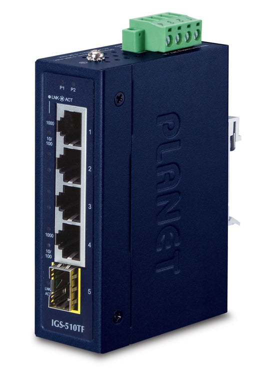 PLANET IGS-510TF Industrial Gigabit Ethernet Switch - 4 x RJ-45, 1 x SFP - Blue