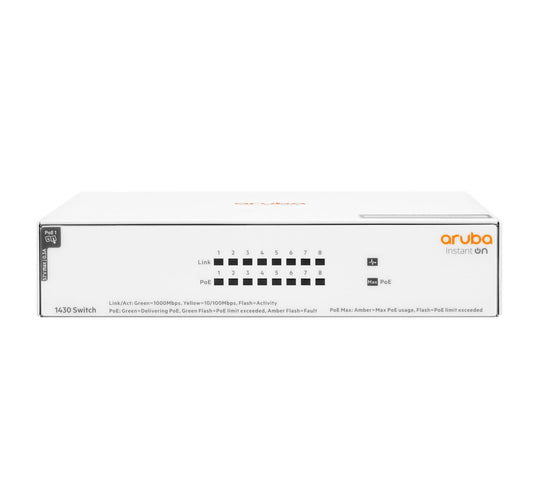 Aruba Instant On 1430 8G Class4 PoE 64W Unmanaged L2 Gigabit Ethernet (10/100/1000) Power over Ethernet (PoE) White R8R46A#ACC