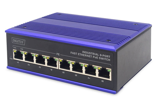 سويتش شبكة ديجيتوس بـ 8 منافذ إيثرنت سريع (Fast Ethernet) مزود بالطاقة عبر الإيثرنت (PoE)، صناعي، غير مُدار.
