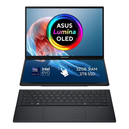 ASUS - Zenbook Duo + UX8406CA-PZ134W + Hybrid (2-in-1) - Intel Core Ultra 9 285H - Intel Arc 140T - 32GB LPDDR5x - 2TB SSD - Dual 14" 3K OLED (2880x1800) 120Hz - Windows 11 Home - Inkwell Gray