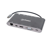 Manhattan USB-C Dock/Hub with Card Reader, Ports (x8): USB-C to HDMI, Audio 3.5mm, Ethernet, Mini DisplayPort, USB-A (x3) and USB-C, With Power Delivery (60W) to USB-C Port (Note add USB-C wall charger and USB-C cable needed), All Ports can be used at the