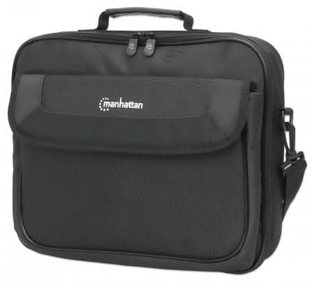 Manhattan Cambridge Laptop Bag 14.1", Clamshell Design, Black, LOW COST, Accessories Pocket, Document Compartment on Back, Shoulder Strap (removable), Equivalent to Targus CN313/CN414EU, Notebook Case, Three Year Warranty