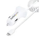 StarTech.com Lightning Car Charger with Coiled Cable, 1m Coiled Lightning Cable, 12W, White, 2 Port USB Car Charger Adapter for Phones and Tablets, Dual USB In Car iPhone Charger